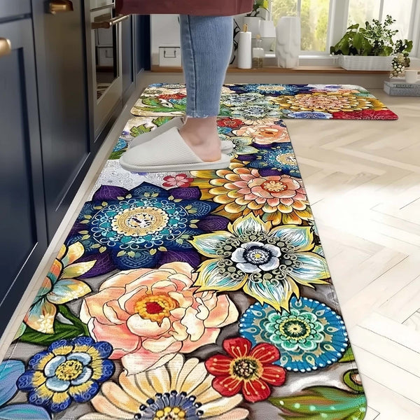 Anti Skid Non-Slip Door Mat -  Bohemian Flower Rug for Kitchen Floor(Combo Set of 2)