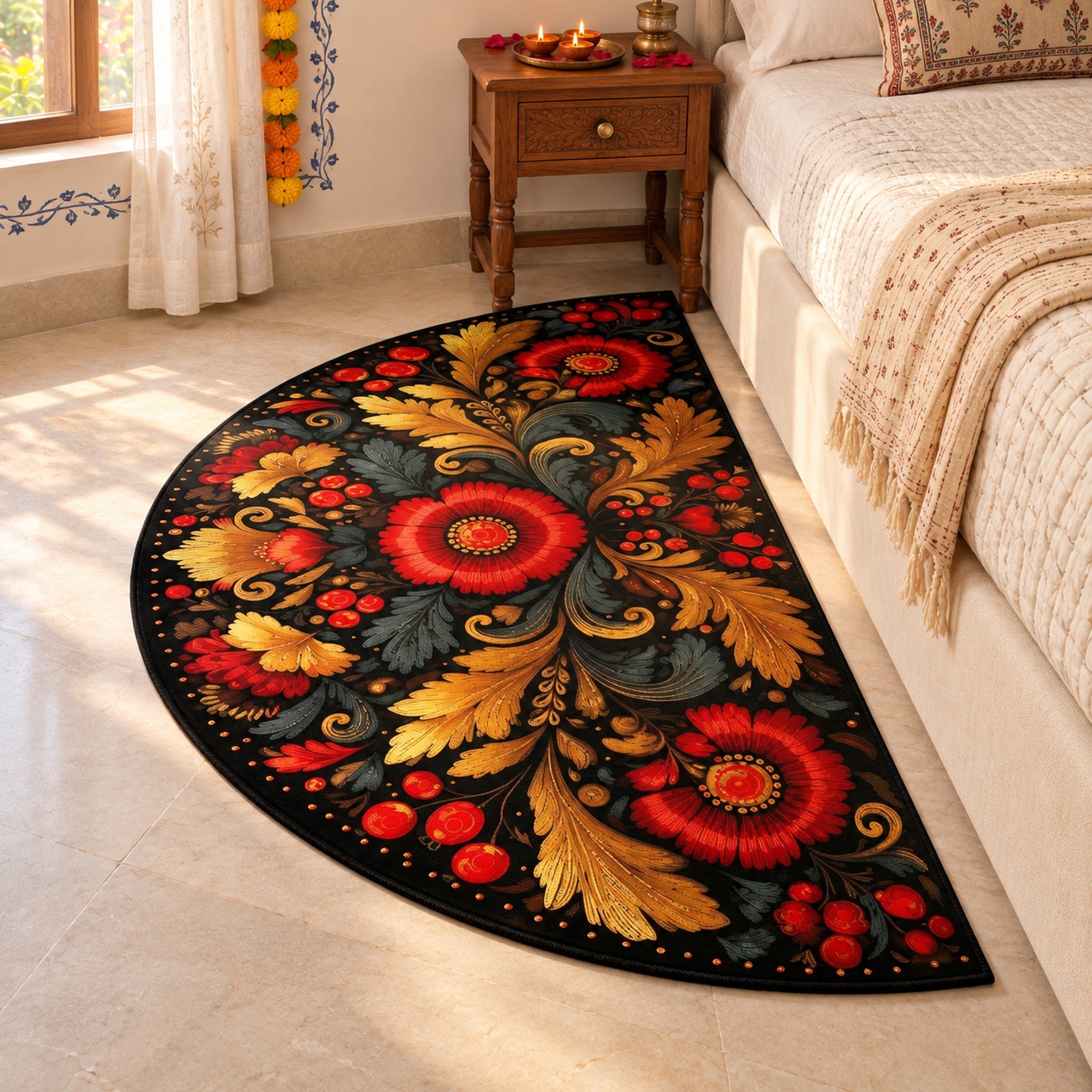 Anti Skid Folk Art Designer Bedside Rug – Non-Slip Semi Round Mat ...