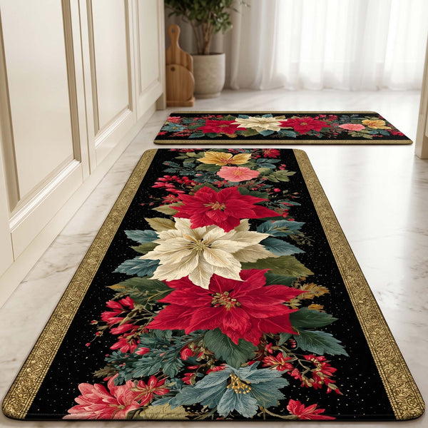 Anti Skid Non-Slip Door Mat - Classic Floral Blossom Rug for Kitchen Floor(Combo Set of 2)
