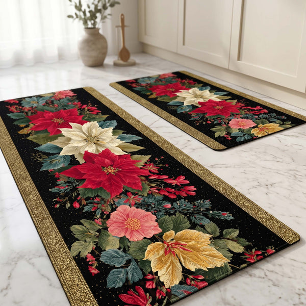 Anti Skid Non-Slip Door Mat - Classic Floral Blossom Rug for Kitchen Floor(Combo Set of 2)