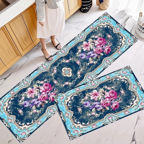 Anti Skid Non-Slip Door Mat - Elegant Floral Bouqet Rug for Kitchen Floor(Combo Set of 2)