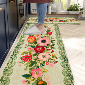 Anti Skid Non-Slip Door Mat - Elegant Green & Peach Floral Rug for Kitchen Floor(Combo Set of 2)