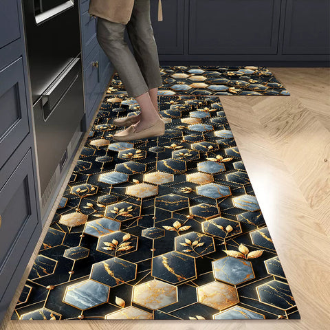 Anti Skid Non-Slip Door Mat - Geometric Gold Leaves & Black Marble Rug for Kitchen Floor(Combo Set of 2)