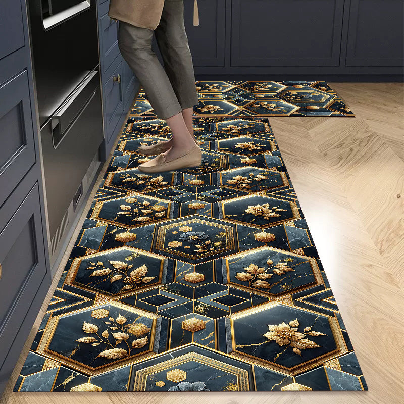 Anti Skid Non-Slip Door Mat - Geometric Gold & Hexagonal Leaves Rug for Kitchen Floor(Combo Set of 2)