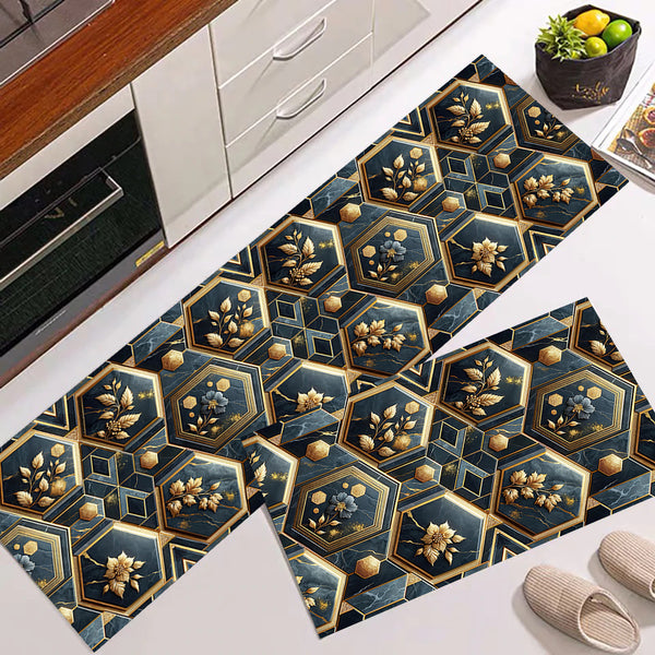 Anti Skid Non-Slip Door Mat - Geometric Gold & Hexagonal Leaves Rug for Kitchen Floor(Combo Set of 2)