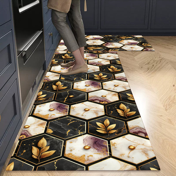 Anti Skid Non-Slip Door Mat - Geometric Golden Leaf & Marble Rug for Kitchen Floor(Combo Set of 2)