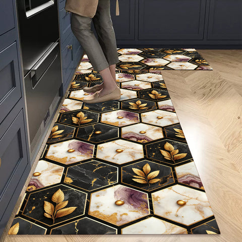 Anti Skid Non-Slip Door Mat - Geometric Golden Leaf & Marble Rug for Kitchen Floor(Combo Set of 2)