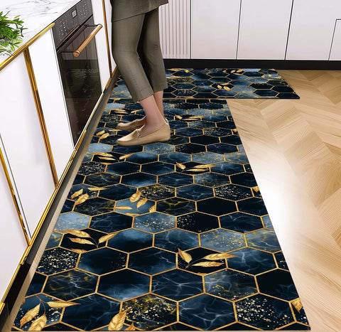 Anti Skid Non-Slip Door Mat - Geometric Golden Leaves Rug for Kitchen Floor(Combo Set of 2)