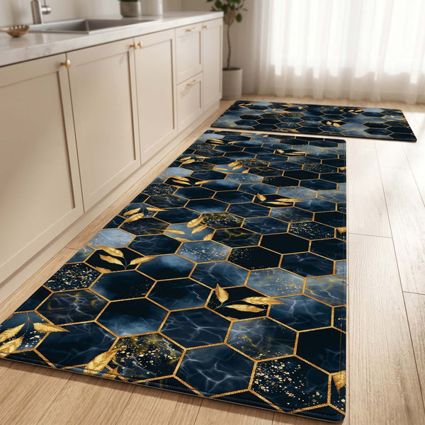 Anti Skid Non-Slip Door Mat - Geometric Golden Leaves Rug for Kitchen Floor(Combo Set of 2)