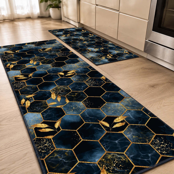 Anti Skid Non-Slip Door Mat - Geometric Golden Leaves Rug for Kitchen Floor(Combo Set of 2)