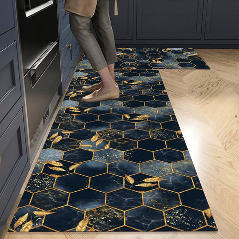 Anti Skid Non-Slip Door Mat - Geometric Golden Leaves Rug for Kitchen Floor(Combo Set of 2)