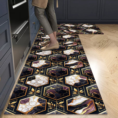 Anti Skid Non-Slip Door Mat - Geometric Golden Leaves & Marble Rug for Kitchen Floor(Combo Set of 2)