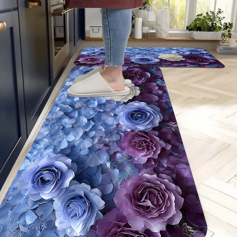 Anti Skid Non-Slip Door Mat - Lavender & Sapphire Roses Rug for Kitchen Floor(Combo Set of 2)