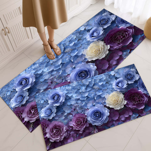 Anti Skid Non-Slip Door Mat - Lavender & Sapphire Roses Rug for Kitchen Floor(Combo Set of 2)