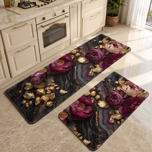 Anti Skid Non-Slip Door Mat - Luxe Marble Floral Rug for Kitchen Floor(Combo Set of 2)
