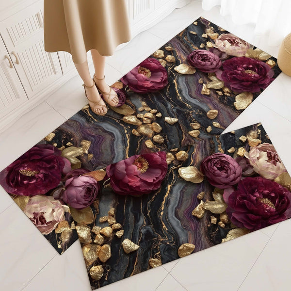 Anti Skid Non-Slip Door Mat - Luxe Marble Floral Rug for Kitchen Floor(Combo Set of 2)