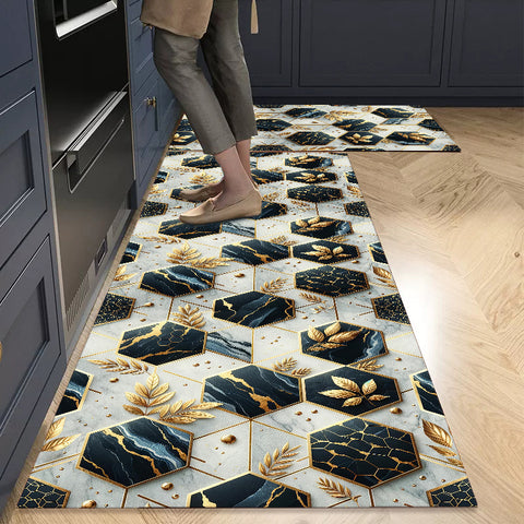 Anti Skid Non-Slip Door Mat - Luxury Geometric Golden Leaves & White Marble Rug for Kitchen Floor(Combo Set of 2)