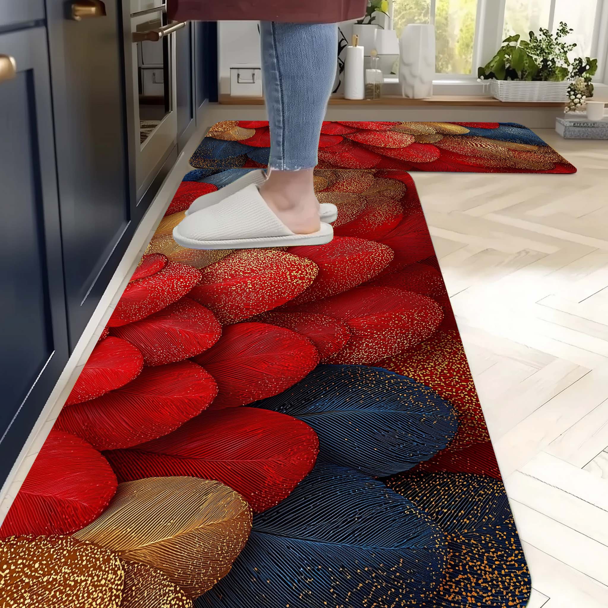 Anti Skid Non-Slip Door Mat - Rosewood & Gold Feather Rug for Kitchen Floor(Combo Set of 2)