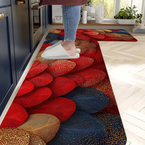 Anti Skid Non-Slip Door Mat - Rosewood & Gold Feather Rug for Kitchen Floor(Combo Set of 2)
