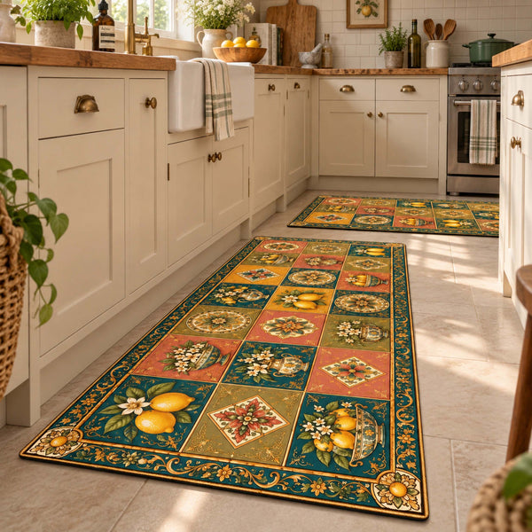 Anti Skid Non-Slip Door Mat - Tuscan Lemon Tile Designer Runner for Kitchen Floor(Combo Set of 2)