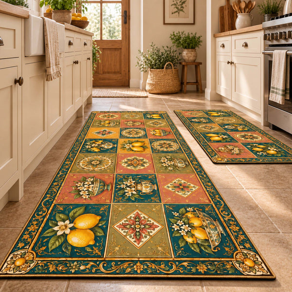 Anti Skid Non-Slip Door Mat - Tuscan Lemon Tile Designer Runner for Kitchen Floor(Combo Set of 2)