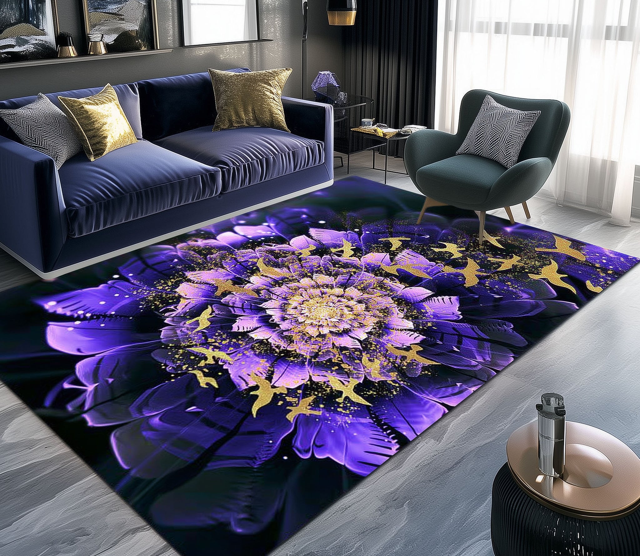 Anti Skid Non-Slip Heavy Digital Print Royal Golden Birds & Flora Living Room Bedroom Dining Home Office Area Rug