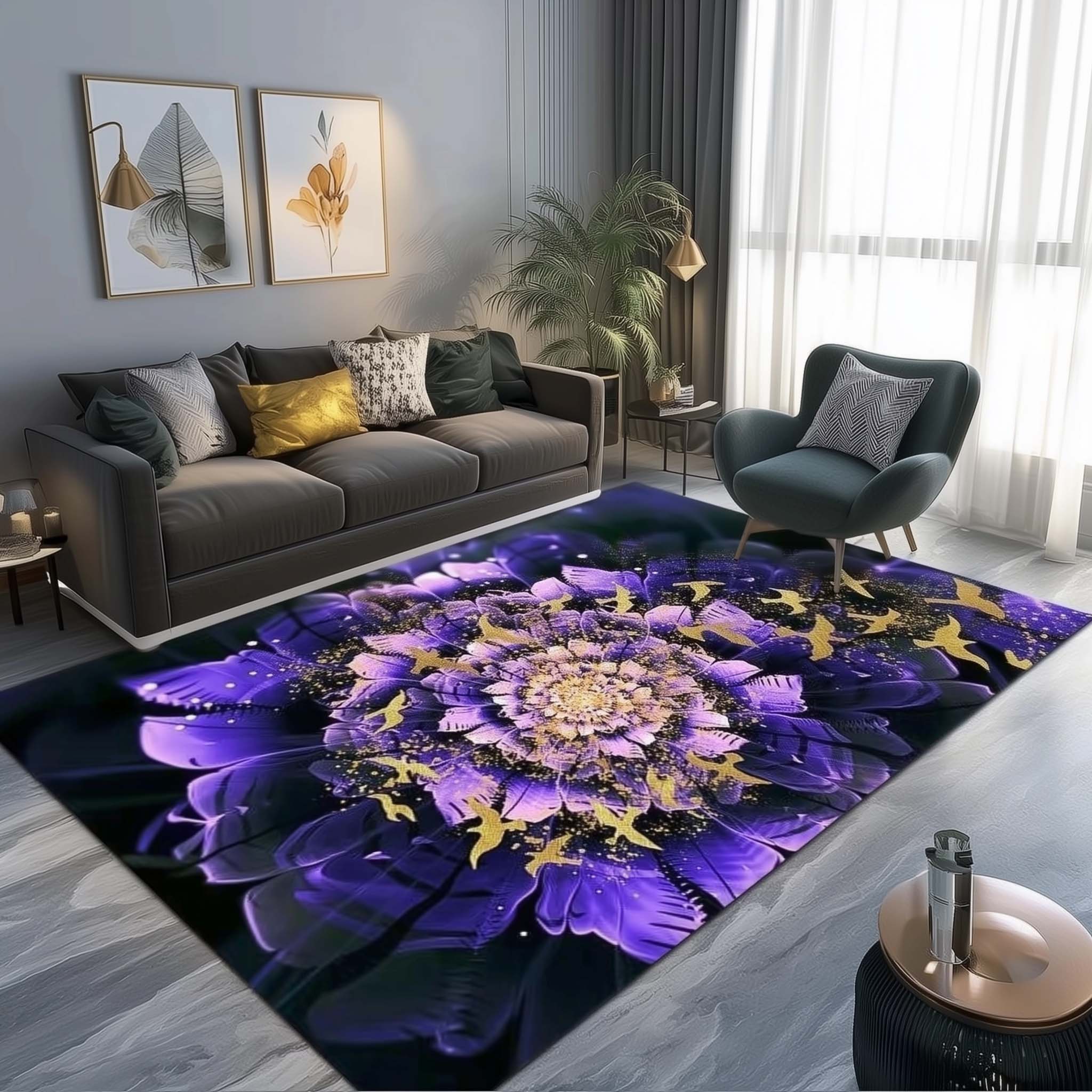 Anti Skid Non-Slip Heavy Digital Print Royal Golden Birds & Flora Living Room Bedroom Dining Home Office Area Rug