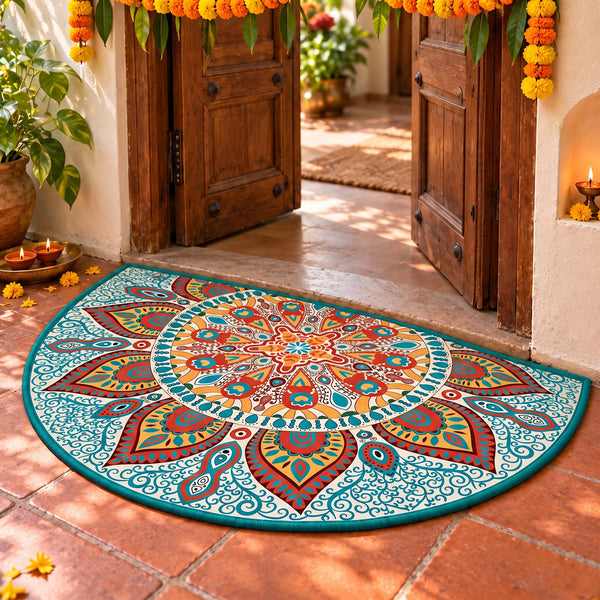 Anti Skid Non-Slip Semi-Circle Bedside Mat - Colorful Mehendi