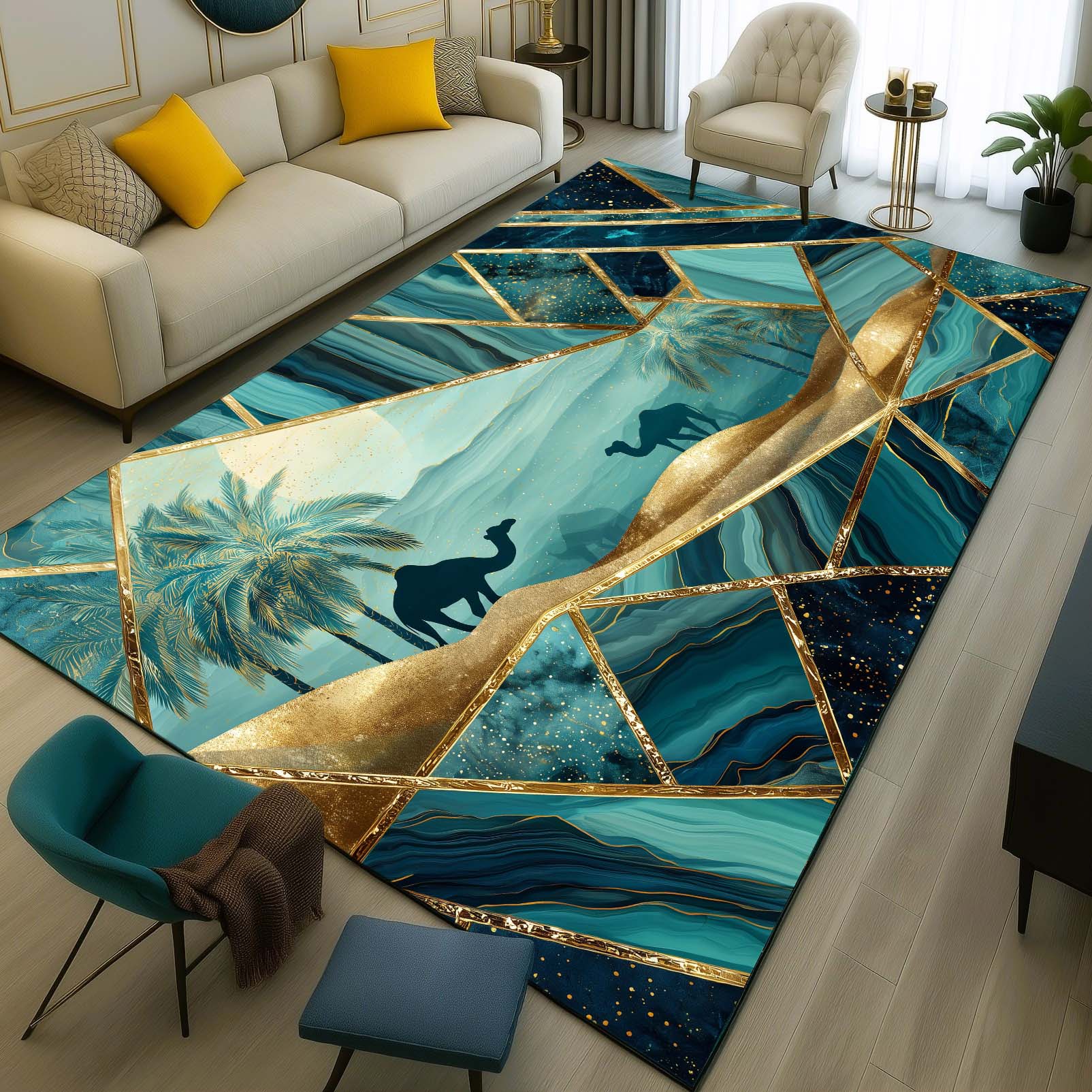 Anti Skid Rugs - Heavy Arabian Desert Camel Design Rug – Exotic Teal & Gold Living Room Carpet