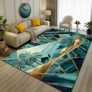 Anti Skid Rugs - Heavy Arabian Desert Camel Design Rug – Exotic Teal & Gold Living Room Carpet