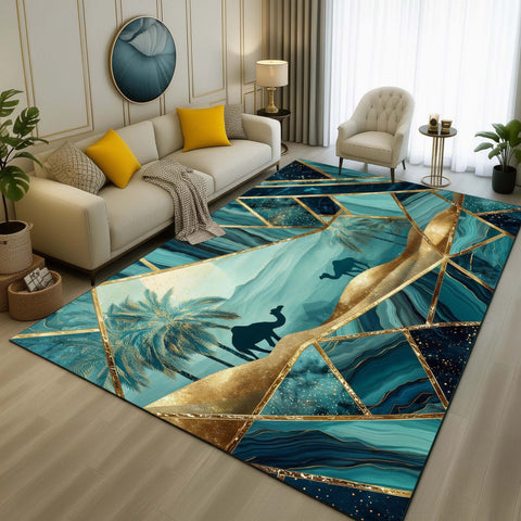 Anti Skid Rugs - Heavy Arabian Desert Camel Design Rug – Exotic Teal & Gold Living Room Carpet