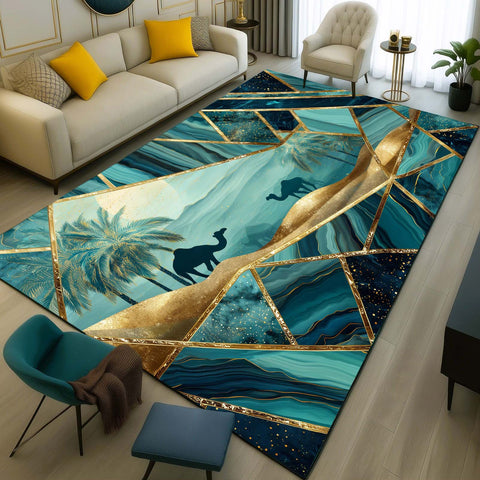 Anti Skid Rugs - Heavy Arabian Desert Camel Design Rug – Exotic Teal & Gold Living Room Carpet