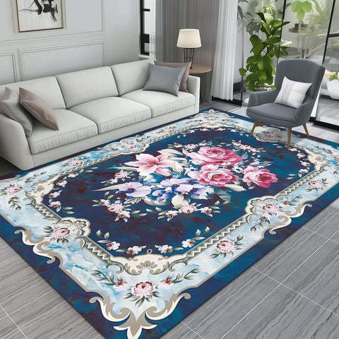 Anti Skid Rugs - Heavy Elegant Floral Bouquet Marble Non-Slip Carpet for Living Room Bedroom Dining Home Office