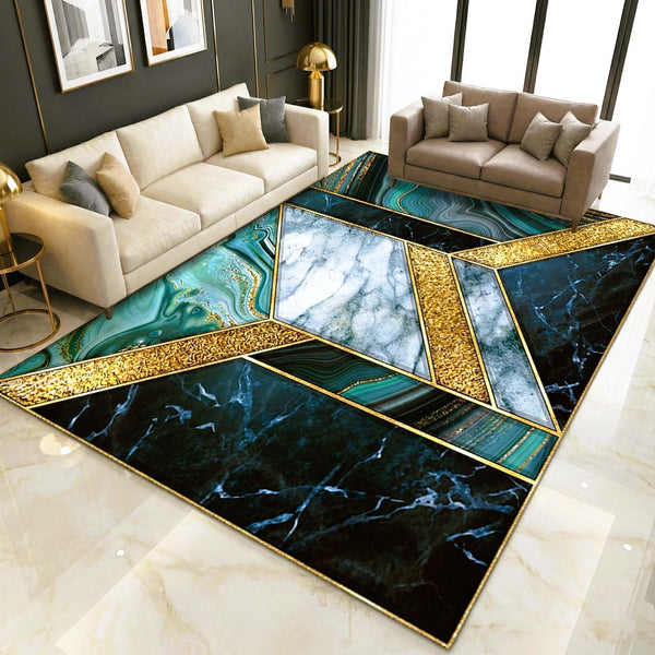 Anti Skid Rugs - Heavy Geometric Green & Gold Marble Non-Slip Carpet for Living Room Bedroom Dining Home Office