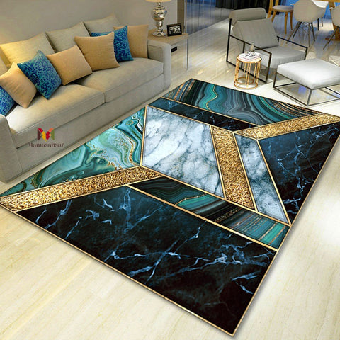 Anti Skid Rugs - Heavy Geometric Green & Gold Marble Non-Slip Carpet for Living Room Bedroom Dining Home Office