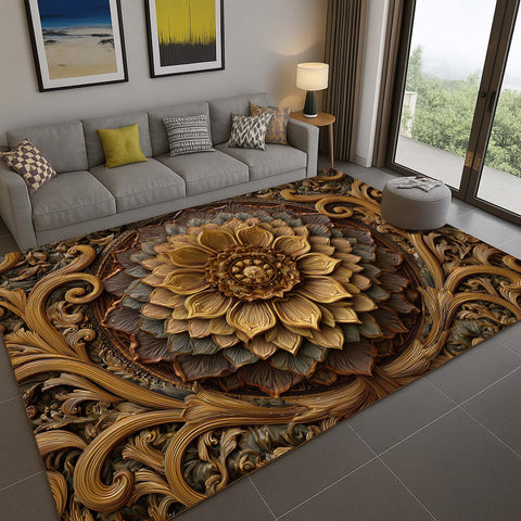 Anti Skid Rugs - Heavy Gold Embossed Floral Pattern Rug Ornate Floral Living Room Floor Carpet