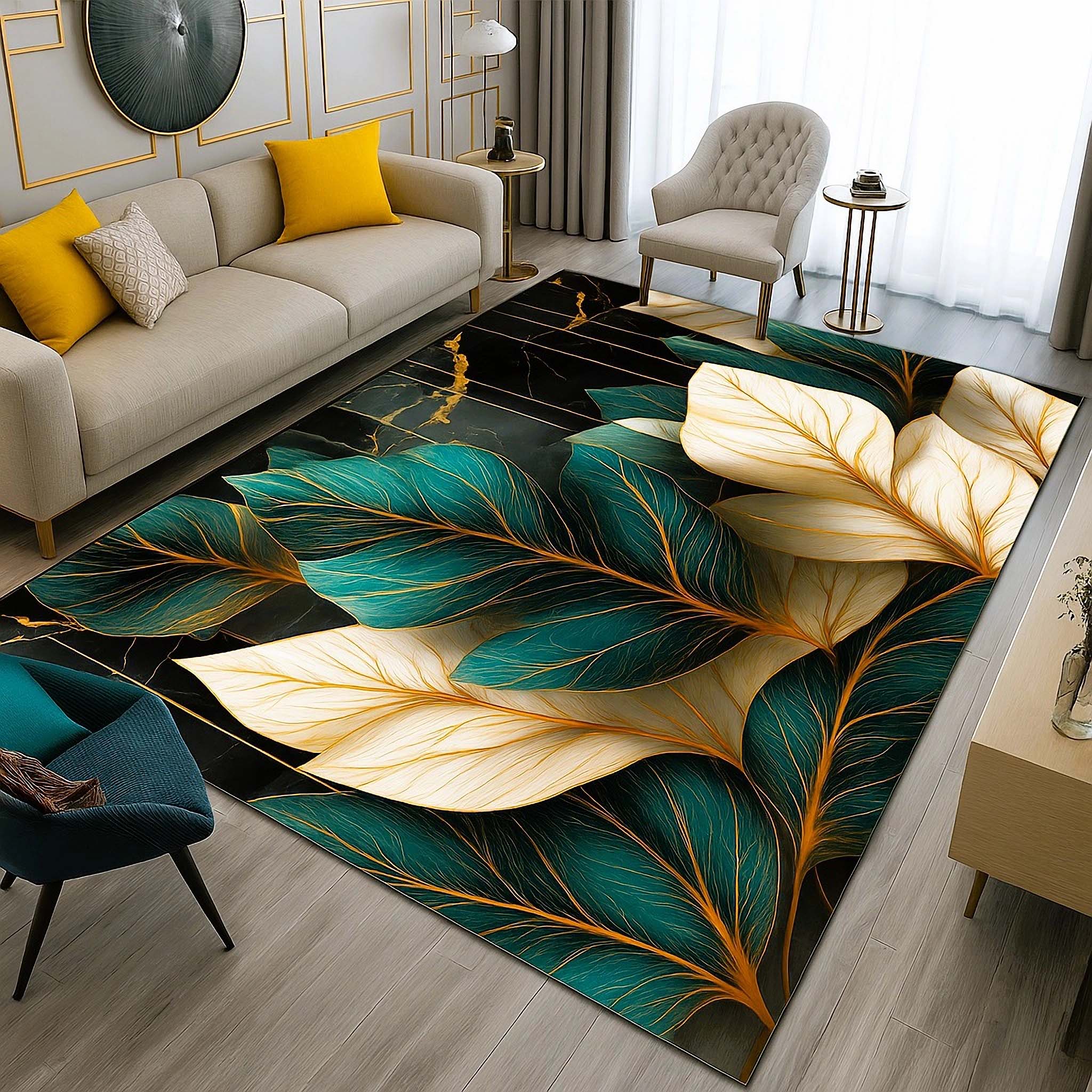Anti Skid Rugs - Heavy Green & Gold Leaf Pattern Luxury Carpet for Living Room & Bedroom