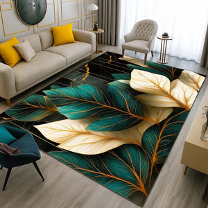 Anti Skid Rugs - Heavy Green & Gold Leaf Pattern Luxury Carpet for Living Room & Bedroom