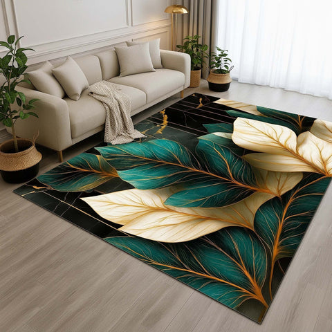 Anti Skid Rugs - Heavy Green & Gold Leaf Pattern Luxury Carpet for Living Room & Bedroom