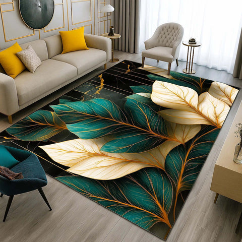 Anti Skid Rugs - Heavy Green & Gold Leaf Pattern Luxury Carpet for Living Room & Bedroom