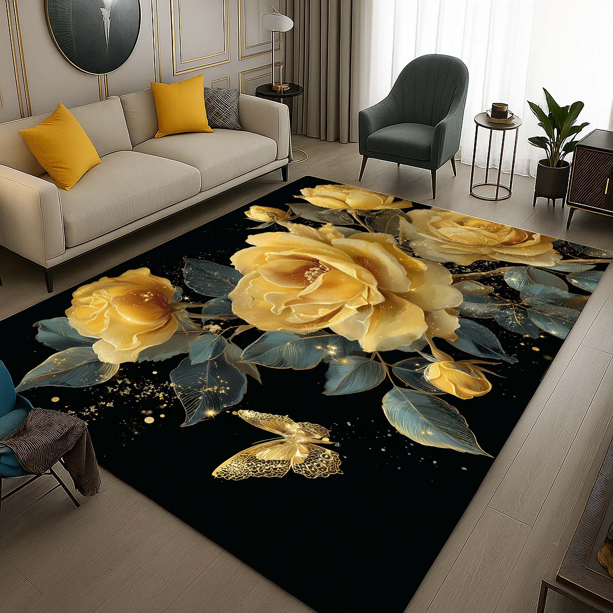 Anti Skid Rugs - Heavy Luxury Black & Golden Roses Non-Slip Carpet for Living Room Bedroom Home Office