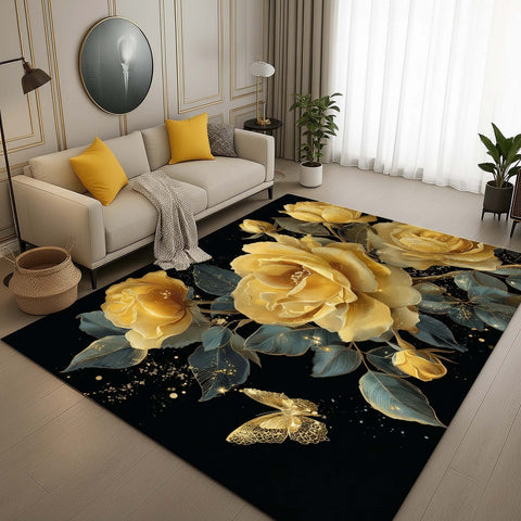 Anti Skid Rugs - Heavy Luxury Black & Golden Roses Non-Slip Carpet for Living Room Bedroom Home Office