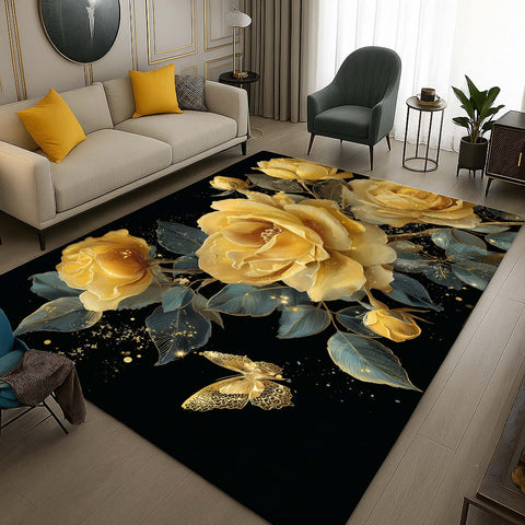 Anti Skid Rugs - Heavy Luxury Black & Golden Roses Non-Slip Carpet for Living Room Bedroom Home Office