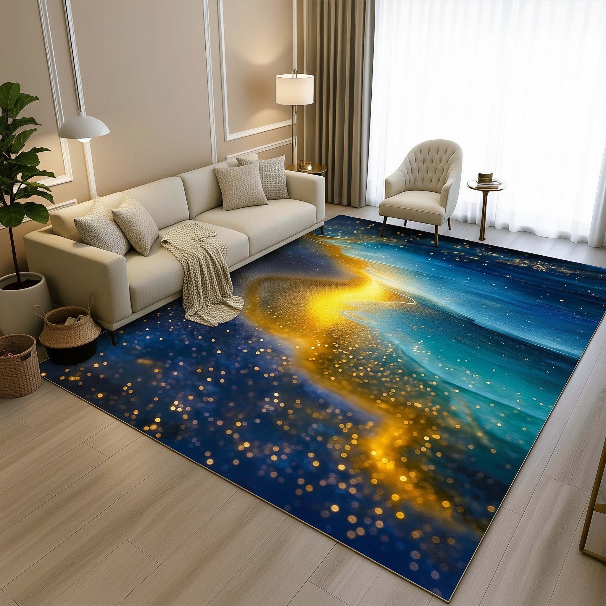 Anti Skid Rugs - Heavy Luxury Blue Gold Sparkle Rug – Abstract Modern Living Room Carpet