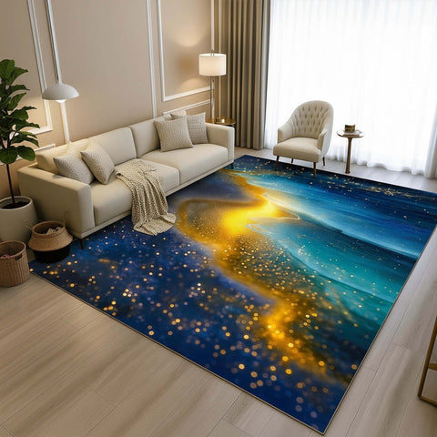 Anti Skid Rugs - Heavy Luxury Blue Gold Sparkle Rug – Abstract Modern Living Room Carpet