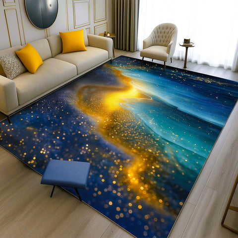 Anti Skid Rugs - Heavy Luxury Blue Gold Sparkle Rug – Abstract Modern Living Room Carpet