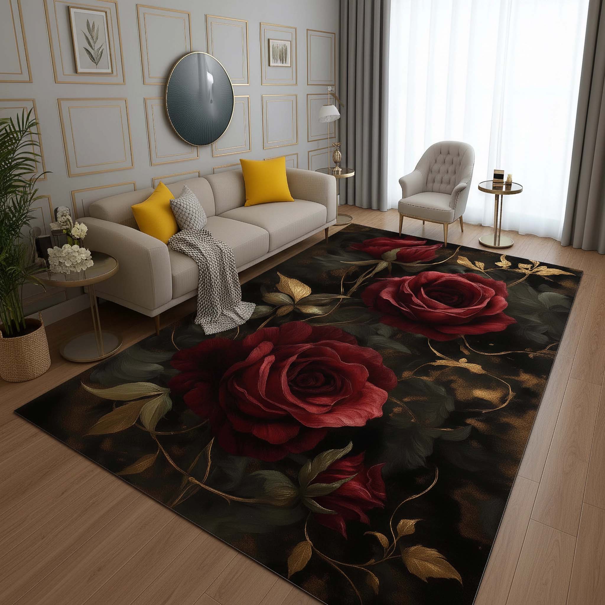 Anti Skid Rugs - Heavy Luxury Scarlet Rose Non-Slip Black & Gold Accent Carpet for Modern Homes