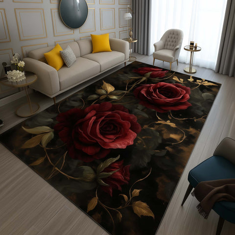 Anti Skid Rugs - Heavy Luxury Scarlet Rose Non-Slip Black & Gold Accent Carpet for Modern Homes