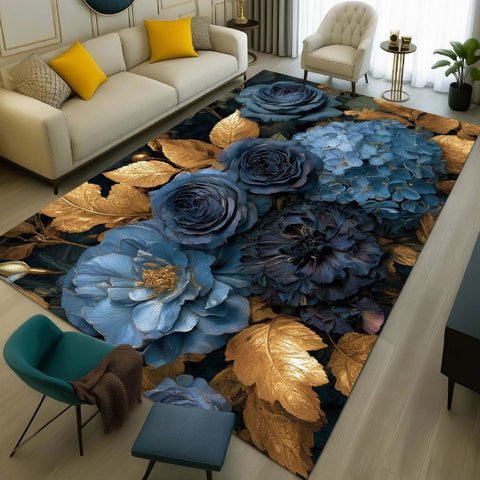 Anti Skid Rugs - Heavy Modern Golden Leaf Accents Rug – Royal Indigo Blossom Living Room Carpet