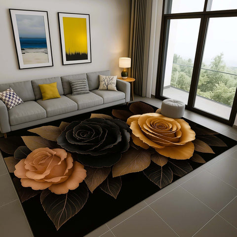 Anti Skid Rugs - Heavy Opulent Roses Design Rug – Premium Black & Gold Floral Carpet for Modern Homes